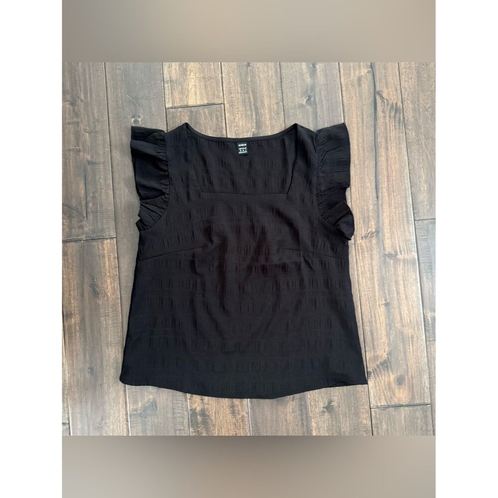 SHEIN Black Square Neck Ruffle Sleeve Boxy Blouse Top XS